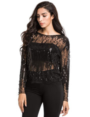 PrettyGuide Women's Sequin Blouse See Through Party Tops Beaded Spark